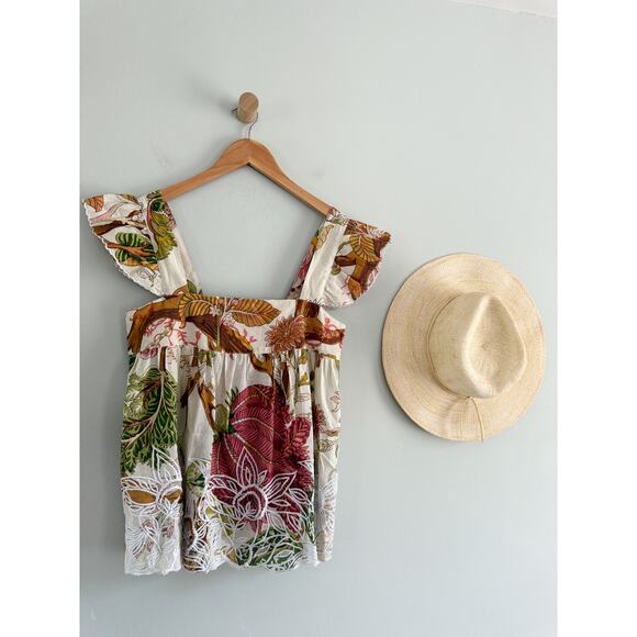 Juliet Dunn | Baby Doll Top Floral Print Embroidered | Sz S (Sz 1) - Picture 2 of 9